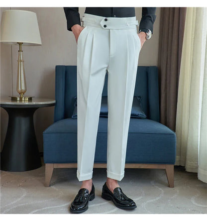 British Style Autumn New High Waist Trousers Men Belt Design Slim Fit Suit Pants Office Social Wedding Party Formal Pants Hommes
