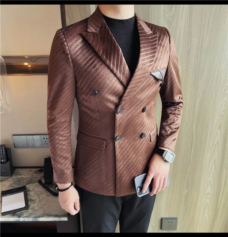 British Style Luxury Men Double Breasted Twill Suit Jacket High Quality Fashion Business Slim Fit Groom Social Party Suit Dress