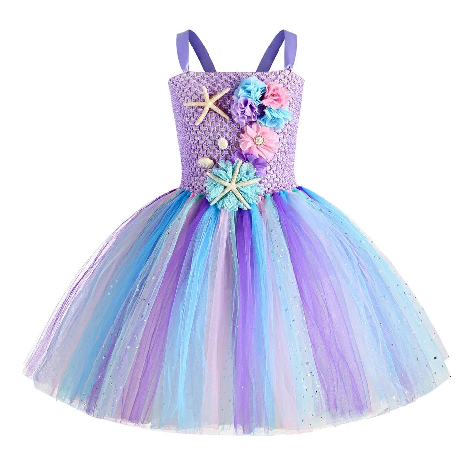 Girls Mermaid Tutu Dress Under the Sea Theme Birthday Party Carnival Costumes with Flower Headband Ocean Halloween Dresses 1-12Y