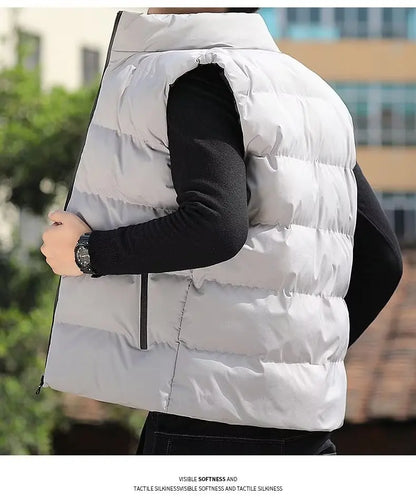 Men's down Vest Thickened Casual Style Stand Collar Jacket Autumn Winter New Fashion Youth Active Fit Zipper Pocket Daily Wear