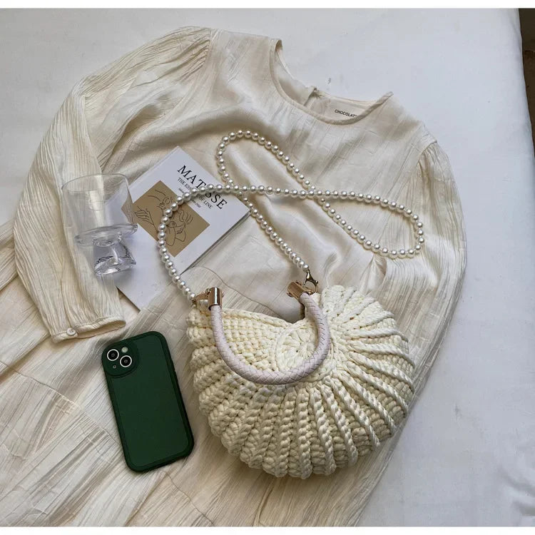 Fashion Conch Shaped Crochet Women Shoulde Bags Funny Cute Pearls Chains Handmade Weave Crossbody Bag Novelty Small Handbags