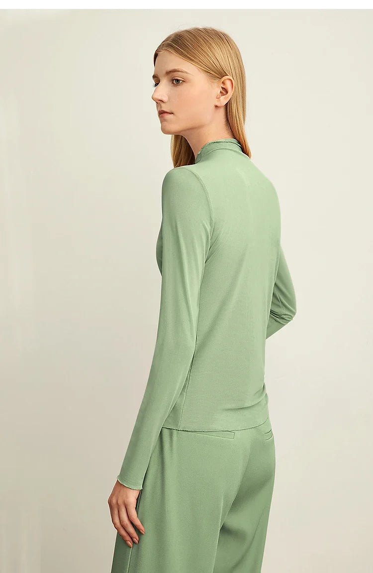 T-shirt Women's Autumn 2025 New Semi-turtleneck Long Sleeve T-shirt Slim-fitting Casual Bottoming Shirt Mesh Top 12421001