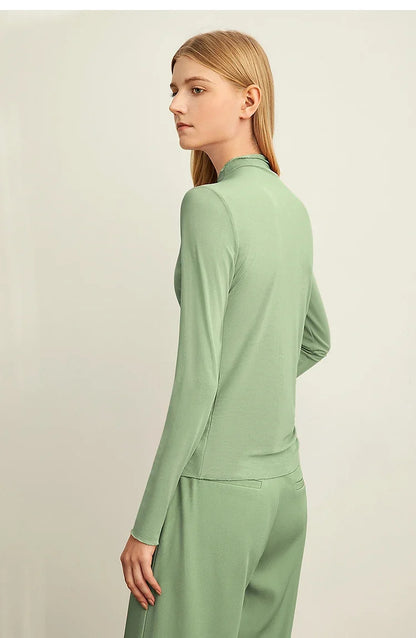 T-shirt Women's Autumn 2025 New Semi-turtleneck Long Sleeve T-shirt Slim-fitting Casual Bottoming Shirt Mesh Top 12421001