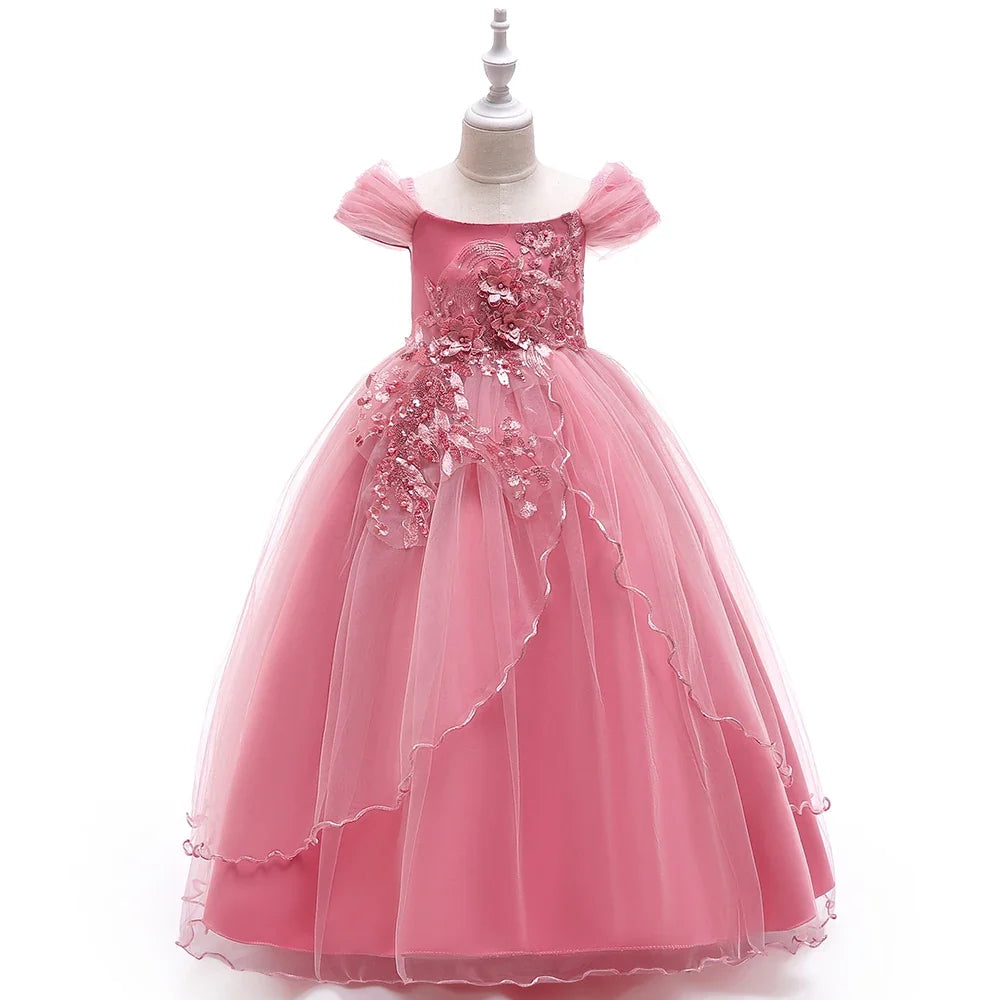 Elegant Wedding Bridemaids Party Girls Dress Tulle Bow Birthday Princess Dresses for Kids Flower Christmas Prom Evening Costumes