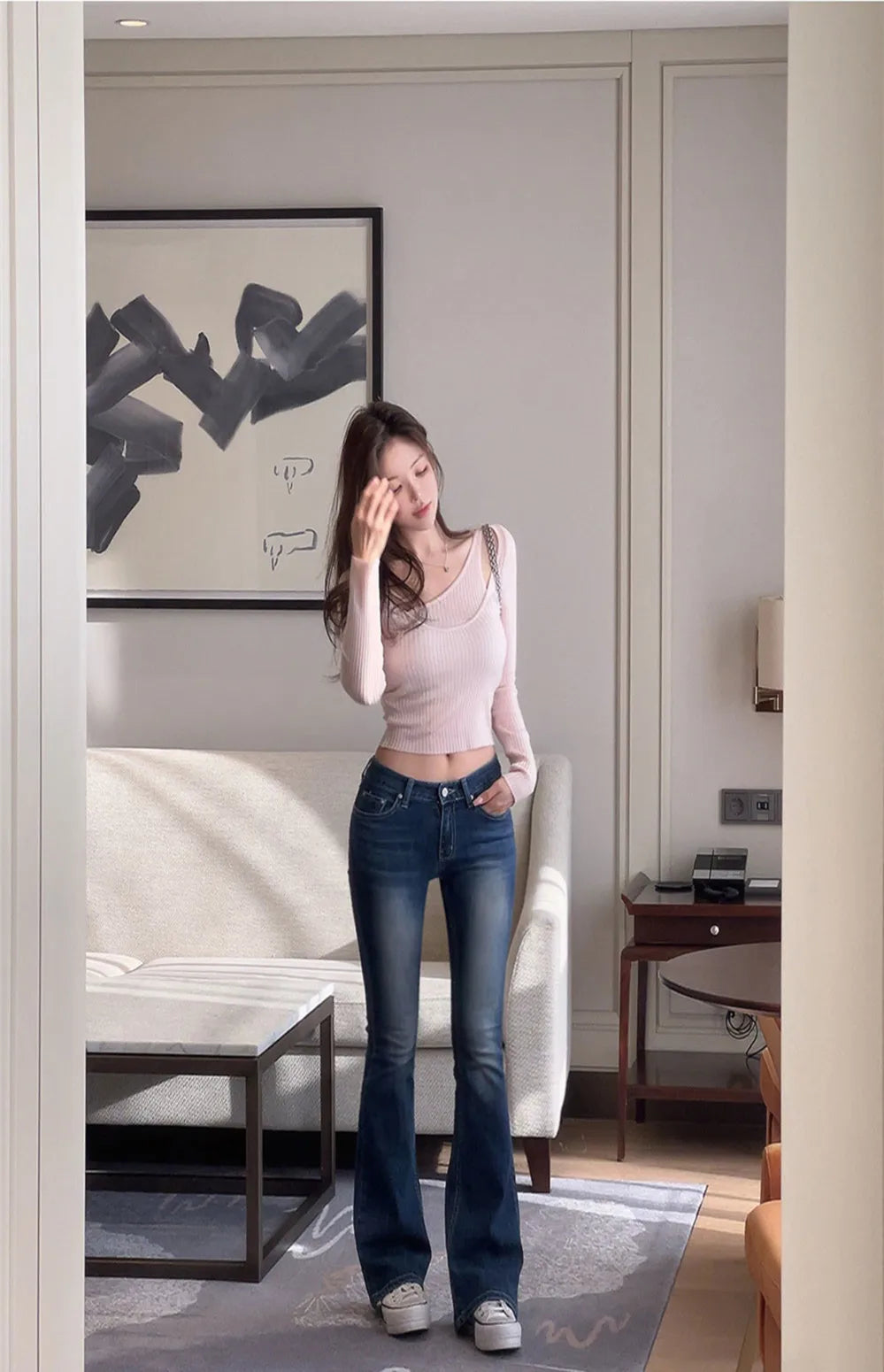 High Waist Sexy Split Denim Jeans Long Leg Lengthening Bell Bot Cotton Stretch Denim Pants for Women Spring Autumn