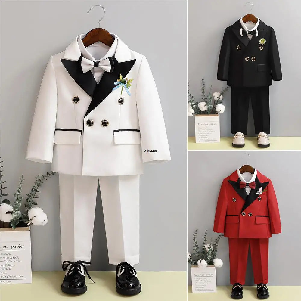 Children White Wedding Suit Boys Girls1 Year Birthday Dress Costume Kids Jacket Pants Bowtie Photograph Suit Flower Tuxedo Dress
