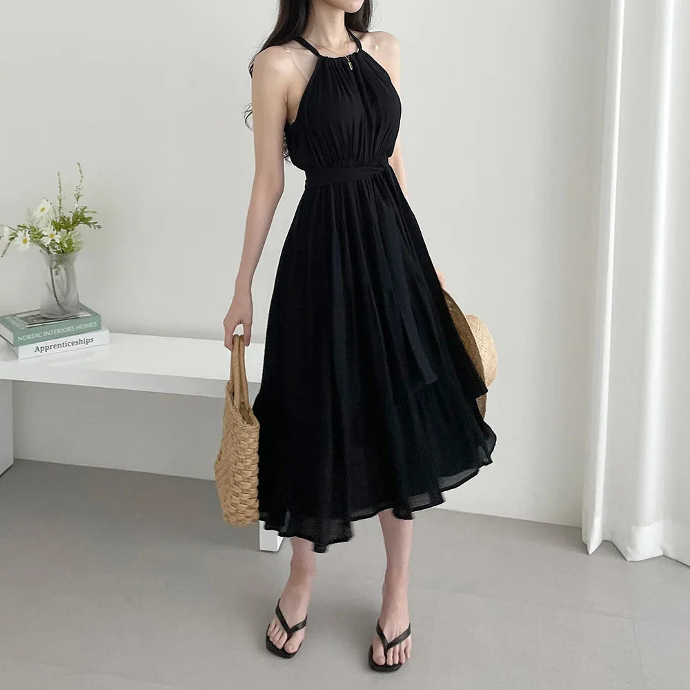Korean Style Summer Slimming Necktie Waist Cinched Sleeveless Vest Long Dress Women's Fashionable Commute Style Inner Wear