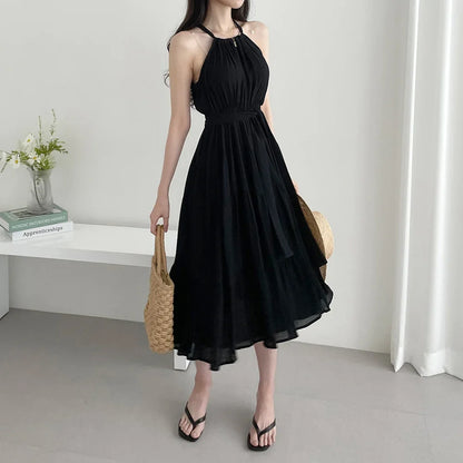 Korean Style Summer Slimming Necktie Waist Cinched Sleeveless Vest Long Dress Women's Fashionable Commute Style Inner Wear