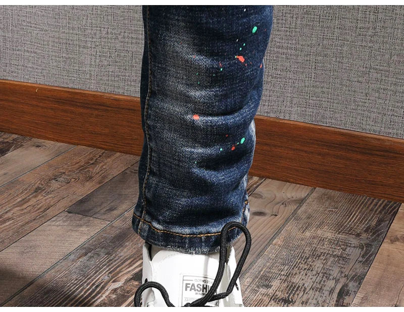 Fashion Streetwear Men Jeans Retro Black Blue Elastic Slim Fit Ripped Jeans Men Spliced Designer Embroidery Hip Hop Denim Pants
