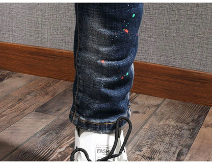 Fashion Streetwear Men Jeans Retro Black Blue Elastic Slim Fit Ripped Jeans Men Spliced Designer Embroidery Hip Hop Denim Pants