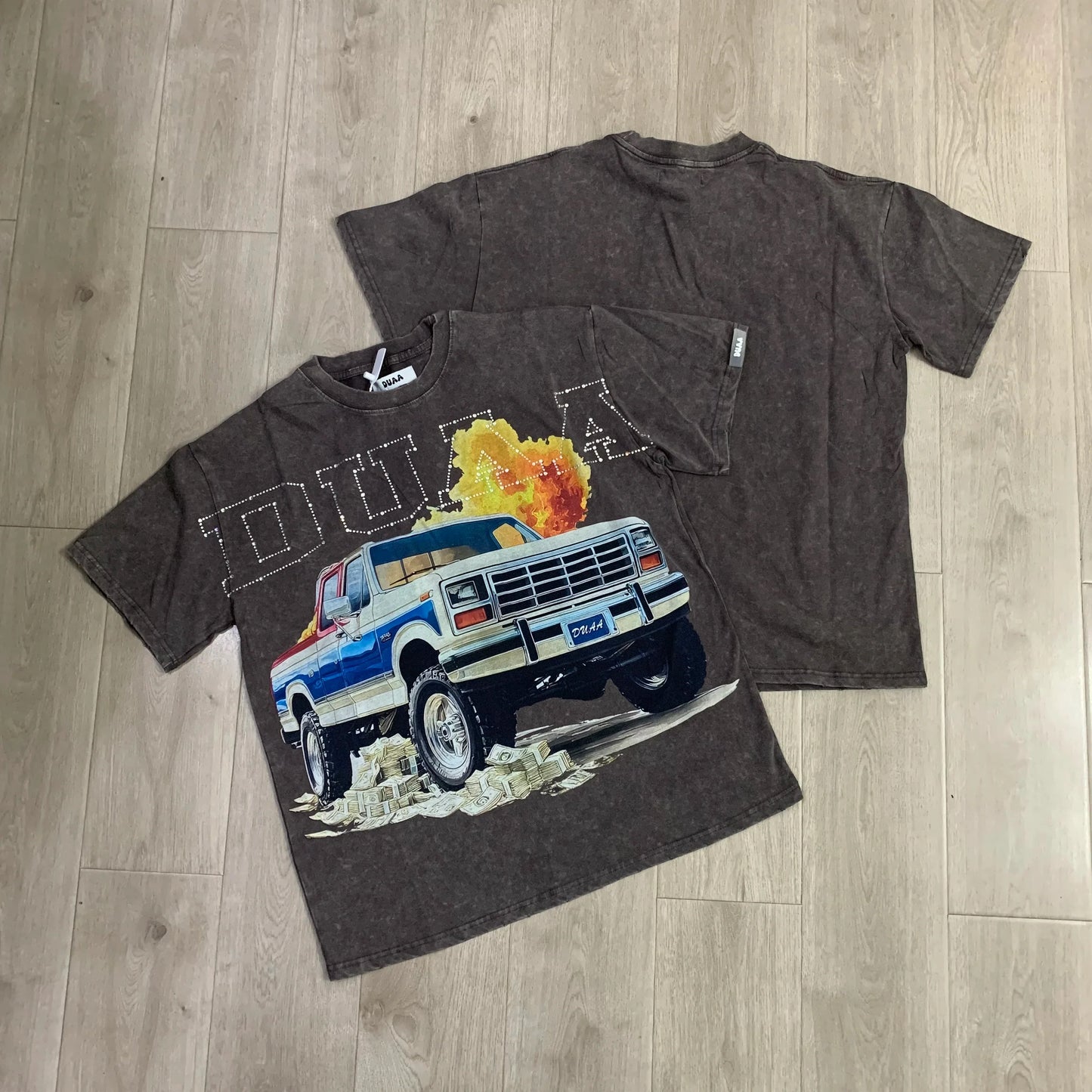 Car Letter Rhinestone Washed Cotton Short Sleeve Tshirts for Men and Women Harajuku Hip Hop Loose Shinning Diamond Tees Oversize