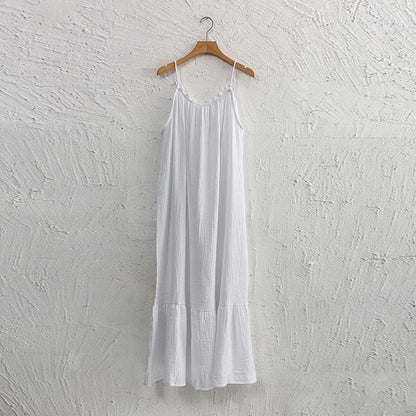 Vintage Muslin 100% Cotton Gauze Summer Dress Women Loose Sexy Sleeveless Ruched Long Maxi Desses Chic Vestidos