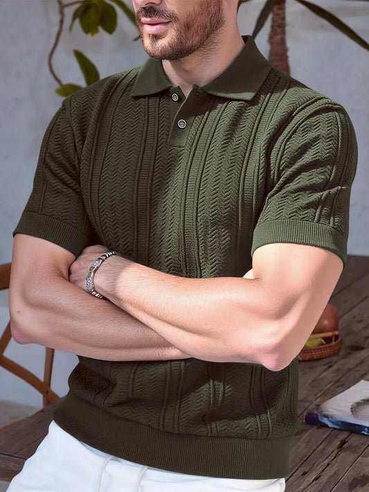 New 2026 Knitted Polo Shirt - Twisted Knit Texture Men's Summer Casual Collar Short Sleeve Buttoned Solid Color Hooded Knitted T