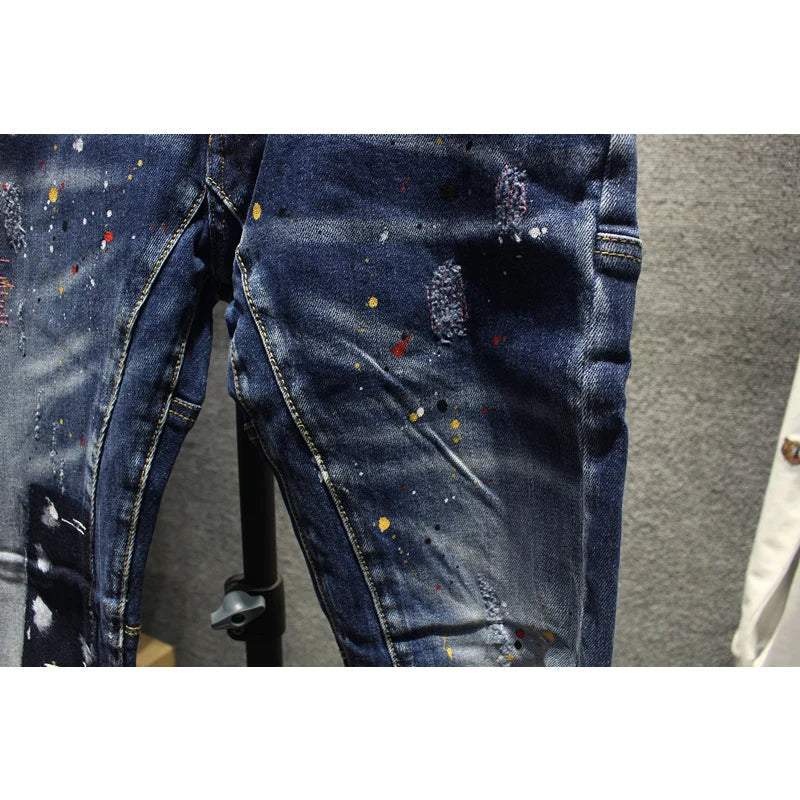 Street Fashion Men Jeans Retro Blue Stretch Slim Fit Spliced Ripped Jeans Men Painted Designer Hip Hop Vintage Denim Pants Homme