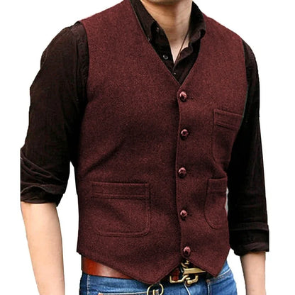 Men Vest Dark Green Herringbone Single Button V Neck With Pocket Waistcoat For Wedding Banquet Business Casual Work Men Suit
