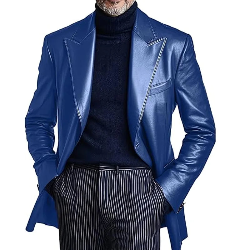 Men's Dress Leather Jacket Burgundy Luxury Slim Fit Notchde Lapel Flap Pocket Retro Soft Sport Coat For Business Casual