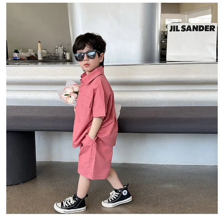 Summer Baby Boys Cotton Stylish Plain Pink Short Sleeve Shirt Top+Shorts Pant Set Kids 2PCS Suit Children Vacation Outfit 1-8Yr