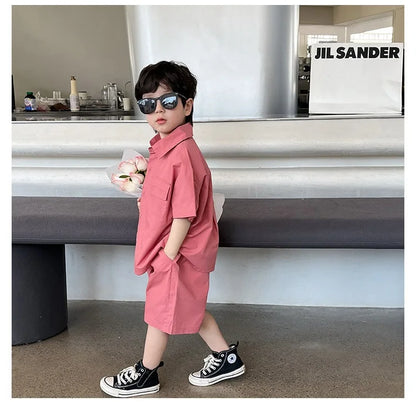 Summer Baby Boys Cotton Stylish Plain Pink Short Sleeve Shirt Top+Shorts Pant Set Kids 2PCS Suit Children Vacation Outfit 1-8Yr