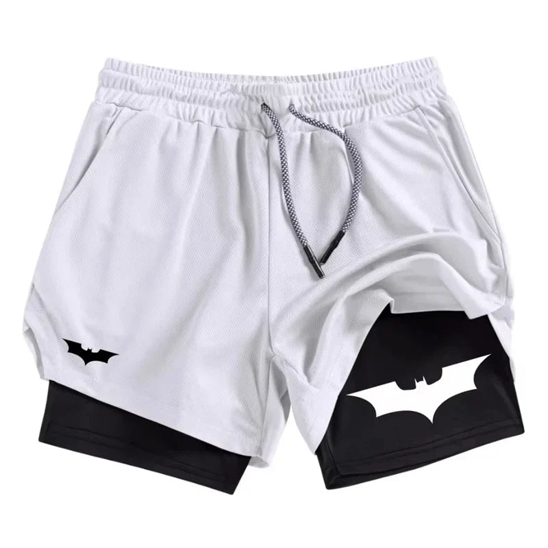 Bat Print 2 in 1 Performance Shorts for Men Athletic Breathable Quick Dry Shorts with Phone Pocket Gym Workout Running