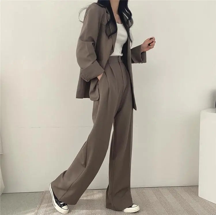 Casual Notch Lapel Suit Set with Button Thick Wide Leg Small Suit Pants High Waist Drape Polyester Business Lady Style Women
