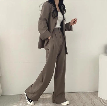 Casual Notch Lapel Suit Set with Button Thick Wide Leg Small Suit Pants High Waist Drape Polyester Business Lady Style Women