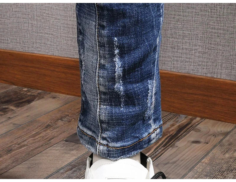 Fashion Streetwear Men Jeans Retro Black Blue Elastic Slim Fit Ripped Jeans Men Spliced Designer Embroidery Hip Hop Denim Pants