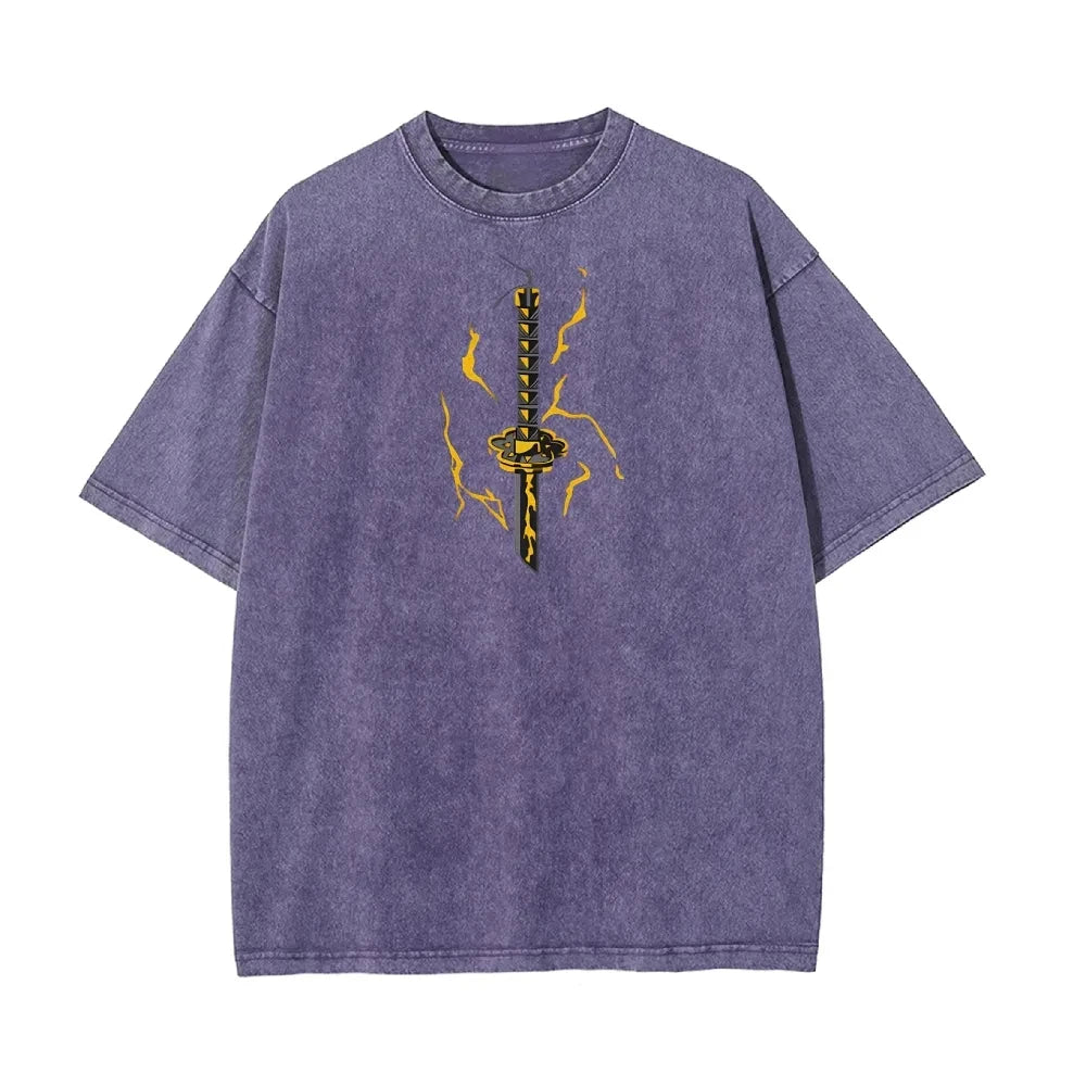 Demon Slayer Men's Women's Washed T-Shirt Zenitsu Agatsuma Summer Spring Anime Tee Retro Distressed High Quality Short Sleeve