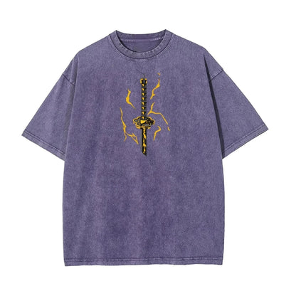 Demon Slayer Men's Women's Washed T-Shirt Zenitsu Agatsuma Summer Spring Anime Tee Retro Distressed High Quality Short Sleeve