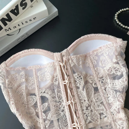 Floral Embroidery Sexy Club Top Female Strapless Slim Corset Backless Tank Top French Lace Up Basics Sheer Camisole