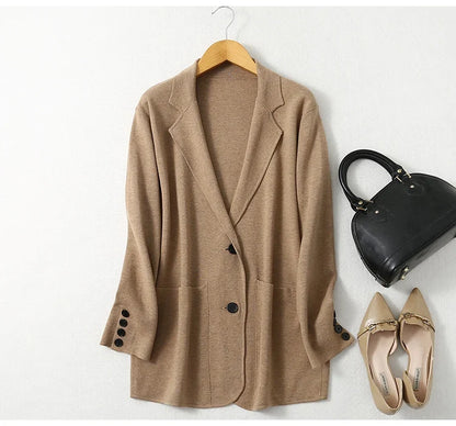 Women Blazer Cashmere Silk Blends Solid Colors Camel Long Sleeve Buttons Down Fashion Jacket Coat  Winter Warm XL XXL LY051