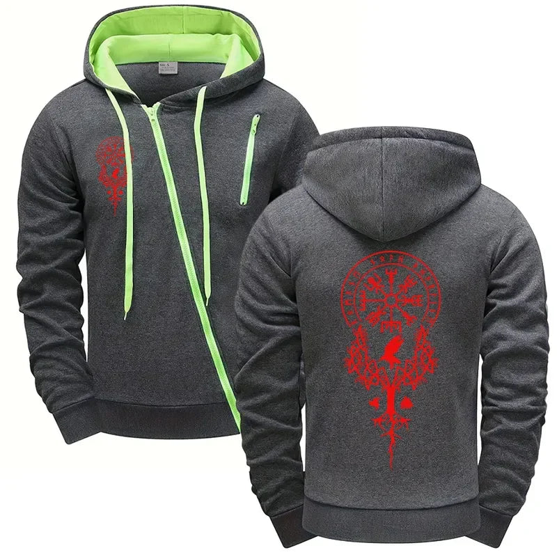Autumn Winter Men's Zipper Hoodie Ancient Pattern Jackets Male Outdoor Motorcycle Coats Urban Fashion Casual Top