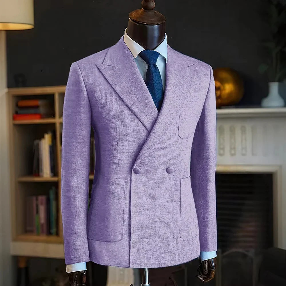 Luxury Men's Classic Suit Blazer Linen Double Breasted Notch Lapel Formal Groom Wedding Dress Jacket Lightweight Sport Coat