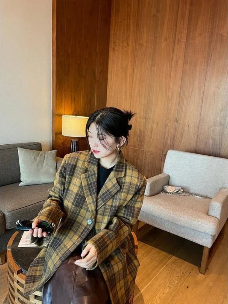 Women's Mid-Length Plaid Wool Coat 2025 Autumn Winter Arrival, Korean Style Warm Blazer, Trendy Yellow Brown Checkered Jacket