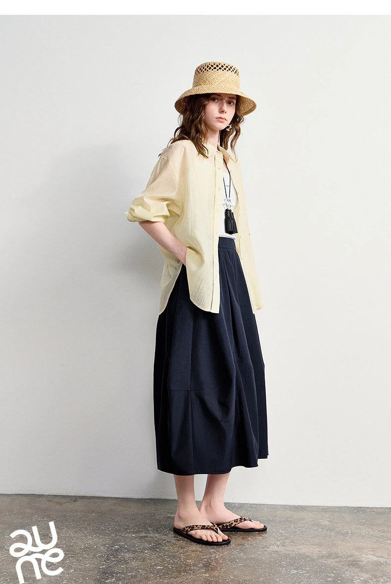 Women's A-Line Bud Skirt 2026 Summer New Split Detail Retro Puff Midi Skirt, Lightweight Outdoor Wear