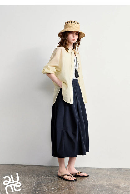 Women's A-Line Bud Skirt 2026 Summer New Split Detail Retro Puff Midi Skirt, Lightweight Outdoor Wear