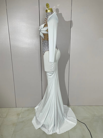 Luxury Sparkly Diamonds Pearl White See Through Mesh Long Dress Women Wedding Evening Party Stage Performance Photoshoot Dress