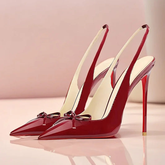 New black nude wine red patent leather pointed small bow back empty style plus size socialite high-heeled sandals