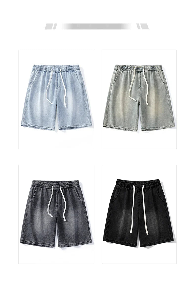 Casual Denim Shorts Men Elastic Waist Straight Comfortable Light Blue Soft Short Pants Baggy Wide Bermuda Male Jeans