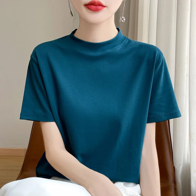 Spring and Autumn New Semi-high-necked Cotton Short-sleeved Women's Stand-up T-shirt Joker Loose Sleeve Top Slim Bottom