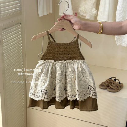 Summer Girls Casual Dresses with Hat Children's Clothing 2025 New Girls' Hollow Out Sleeveless Skirt Children's Lace Dress