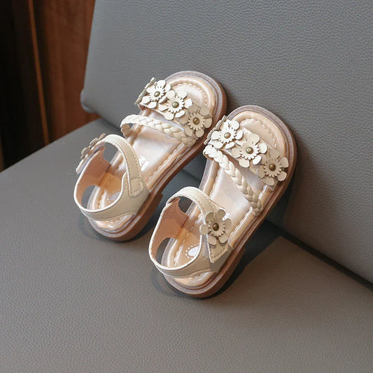 Girls Beige Braided 3D Flower Princess Sandals, Hook-and-Loop Soft Elastic Non-Slip Wear-Resistant Rubber Sole Lightw