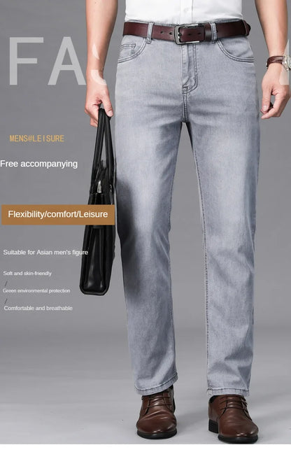 2024 Brand Thin or Thick Material Straight Cotton Stretch Denim Men's  Business Casual High Waist Light Grey Blue Jeans