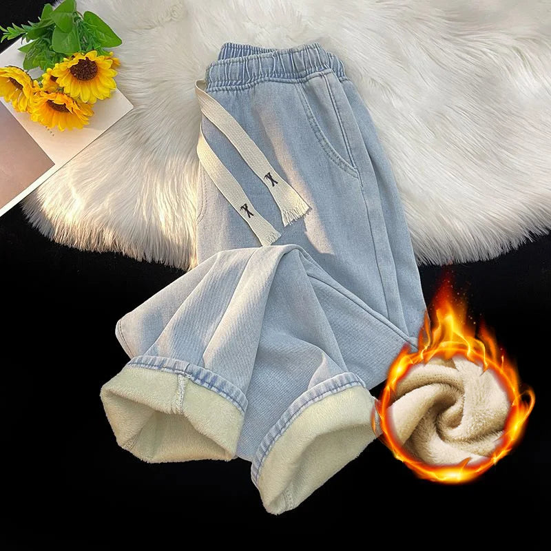 Thick Winter Straight Men's Jeans Fleece Warm Loose Plush Trousers Fashion Casual Wide-leg Plush Denim Pants Male
