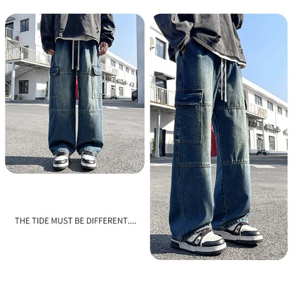 2025 new men's cement grey work jeans Y2K street hip-hop large pocket wide-leg straight jeans trousers jogging black light blue