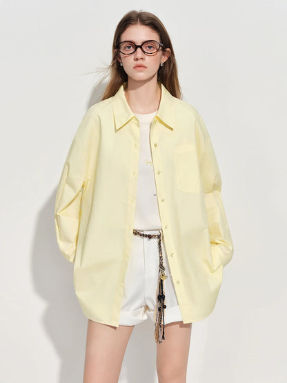 Women's French Loose Fit Cotton Shirt Long Sleeve Layering Top with Web Strap Detail Casual Oversized Blouse