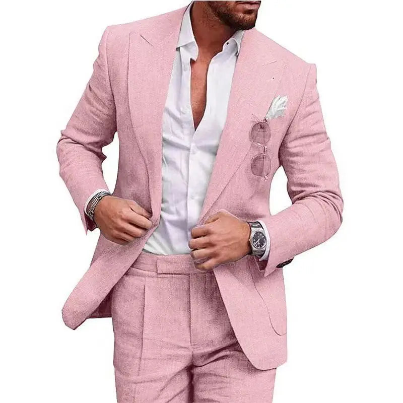 Men's Linen Suit 2 Piece Slim Fit Suit Summer Beach Wedding Suit Groosmen Prom Tuxedo Linen Blazer Pants Set