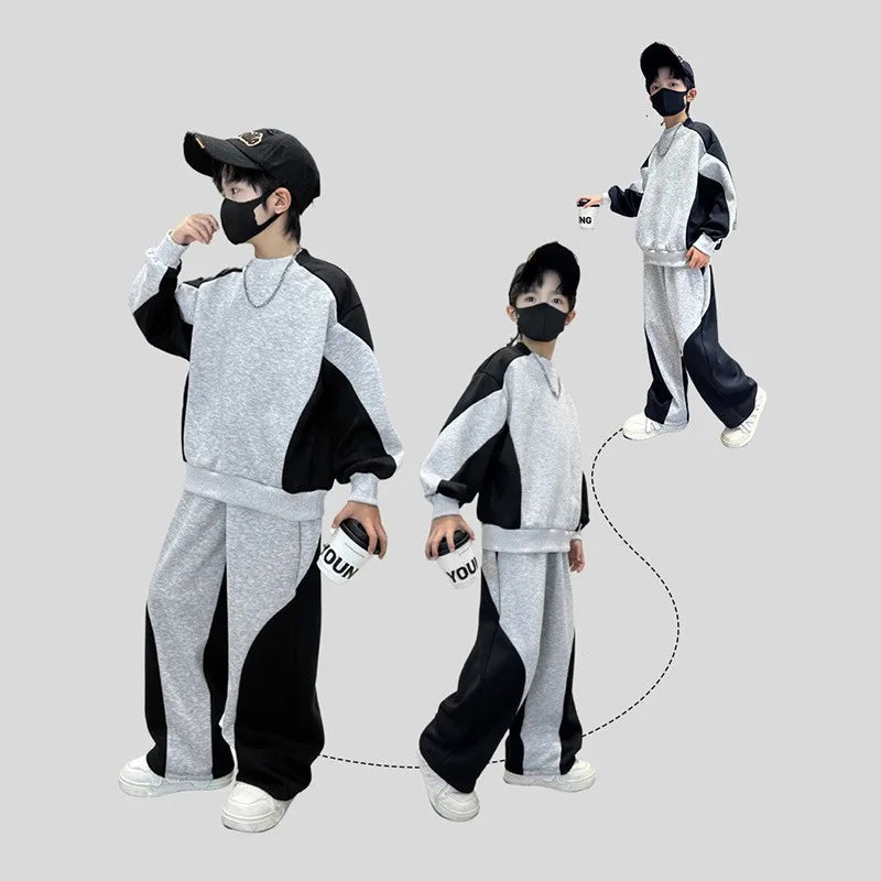 Spring Boys Black x Grey Contrast Pullover Sweatshirt+Sweatpant Work Set School Kid 2PCS Tracksuit Children Jogger Outfit 5-16Yr