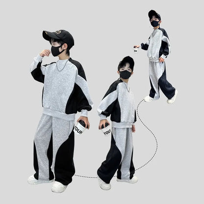 Spring Boys Black x Grey Contrast Pullover Sweatshirt+Sweatpant Work Set School Kid 2PCS Tracksuit Children Jogger Outfit 5-16Yr