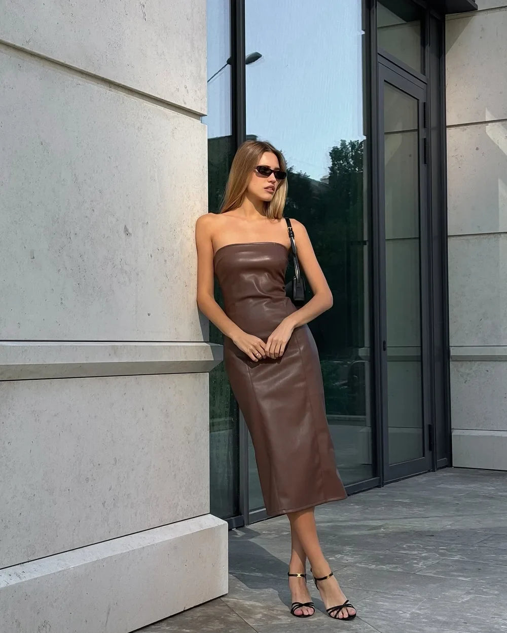 Sexy PU Leather Strapless Dresses Women Split Sleeveless Backless Hip Package Dress 2025 Spring Autumn Party Vestidos