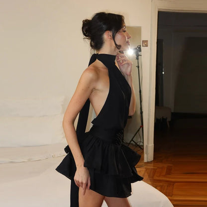 Chiffon Halter Ruched Ribbon Slim Fit Tiered Mini Dress Women'S Fashion Sexy Elegant Dress Party Vacation Summer Clothes
